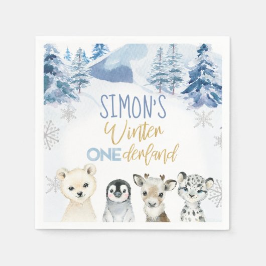 ブルーと金ゴールドアークティックウィンターオネダーランド誕生日 スタンダードカクテルナプキン (正面)