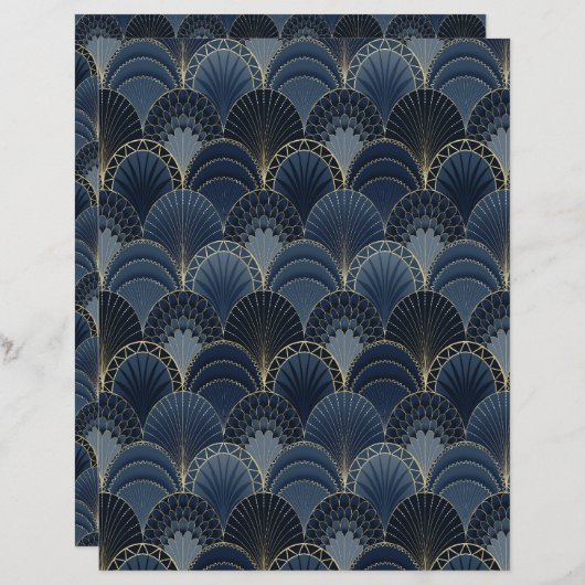 ブルーと金ゴールドアールデコホタテのスクラップブック紙 (正面/裏面)