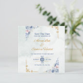 ブルーと金ゴールドエレガントなウェディング招待状 招待状 (スタンド正面)