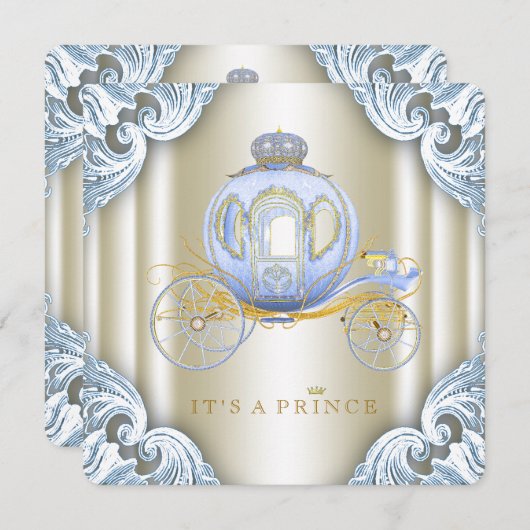 ブルーと金ゴールドキャリッジプリンス赤ちゃんシャワー 招待状 (正面/裏面)