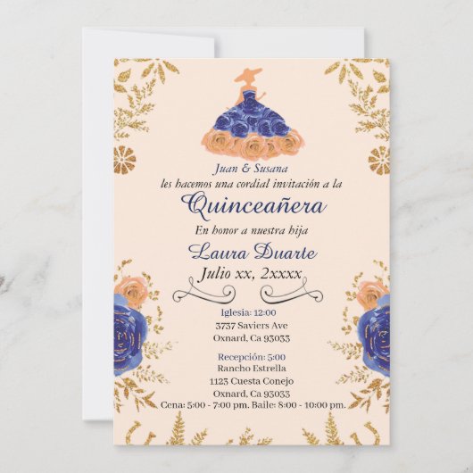 ブルーと金ゴールドキンセアニラ招待状金ゴールド花 招待状 (正面)