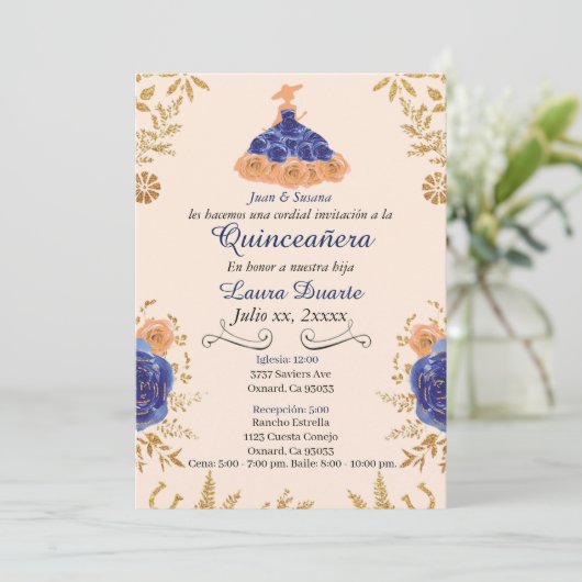 ブルーと金ゴールドキンセアニラ招待状金ゴールド花 招待状 (スタンド正面)