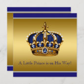 ブルーと金ゴールドクラウンリトルプリンスベビーシャワー 招待状 (正面/裏面)