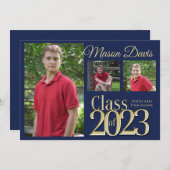 ブルーと金ゴールドクラスの202写真卒業Invita 招待状 (正面/裏面)