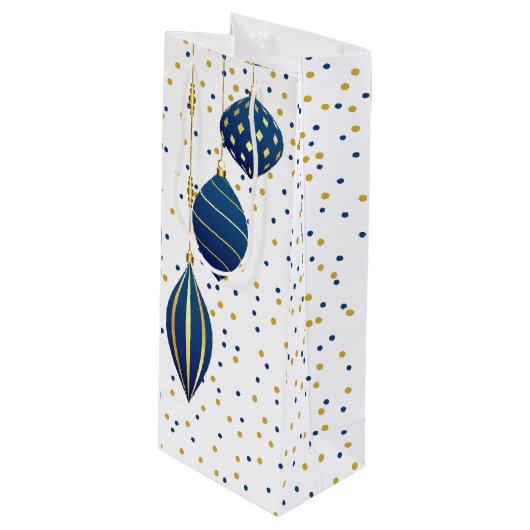 ブルーと金ゴールドクリスマスオーナメントホリデイ ワインギフトバッグ (正面アングル)