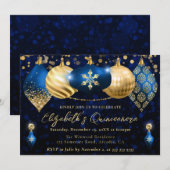 ブルーと金ゴールドクリスマスバウブルキンセアニェラ 招待状 (正面/裏面)