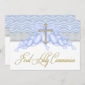 ブルーと金ゴールドクロスボーイズ第一聖餐式 招待状 (正面/裏面)