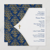 ブルーと金ゴールドクロス《キリスト教》洗礼式や命名式 招待状 (正面/裏面)