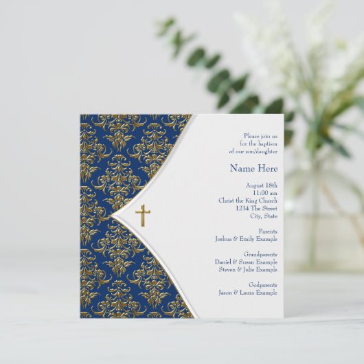 ブルーと金ゴールドクロス《キリスト教》洗礼式や命名式 招待状 (スタンド正面)