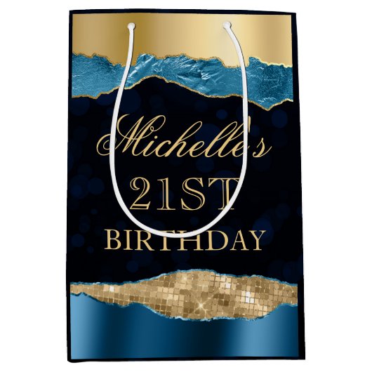 ブルーと金ゴールドグラムティアーズ《写真》ぼけ味バースデーパーティー ミディアムペーパーバッグ (正面)