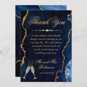 ブルーと金ゴールドグリッターアゲート&マーブル結婚ズ サンキューカード (正面/裏面)