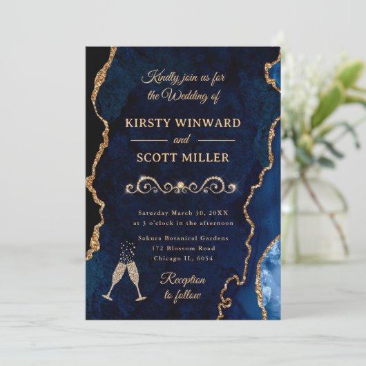 ブルーと金ゴールドグリッターアゲート&マーブル結婚ズ 招待状 (スタンド正面)