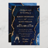 ブルーと金ゴールドグリッターアゲート&マーブル結婚ズ 招待状 (正面/裏面)