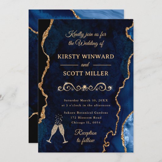 ブルーと金ゴールドグリッターアゲート&マーブル結婚ズ 招待状 (正面/裏面)