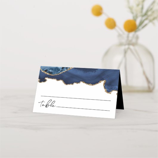 ブルーと金ゴールドグリッターアゲ結婚ートの座席表 プレイスカード (裏面)
