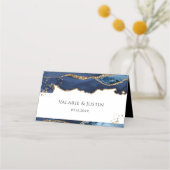 ブルーと金ゴールドグリッターアゲ結婚ートの座席表 プレイスカード (正面)