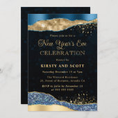 ブルーと金ゴールドグリッターグラムティアーズ大晦日 招待状 (正面/裏面)