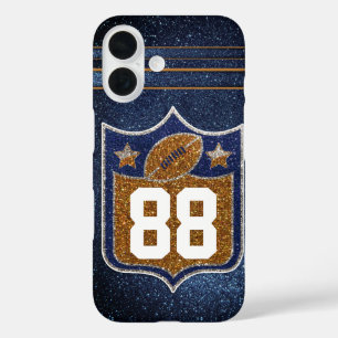 ブルーと金ゴールドグリッタースクールサッカーチームカラー iPhone 16ケース