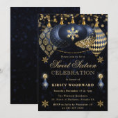 ブルーと金ゴールドグリッターバウブルSweet sixteen 招待状 (正面/裏面)