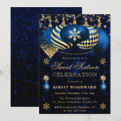 ブルーと金ゴールドグリッターバウブルSweet sixteen 招待状 (正面/裏面)