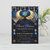 ブルーと金ゴールドグリッターバウブルSweet sixteen 招待状 (スタンド正面)