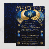 ブルーと金ゴールドグリッターバウブルSweet sixteen 招待状 (正面/裏面)