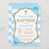 ブルーと金ゴールドグリッターバプテスマ招待状 招待状 (正面/裏面)