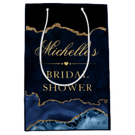 ブルーと金ゴールドグリッターマーブルアゲートブライダルシャワー ミディアムペーパーバッグ