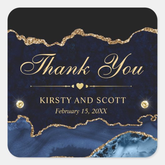 ブルーと金ゴールドグリッターマーブルアゲート結婚ズ スクエアシール (正面)