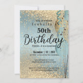 ブルーと金ゴールドグリッター誕生日招待状 招待状 (正面)