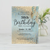 ブルーと金ゴールドグリッター誕生日招待状 招待状 (スタンド正面)