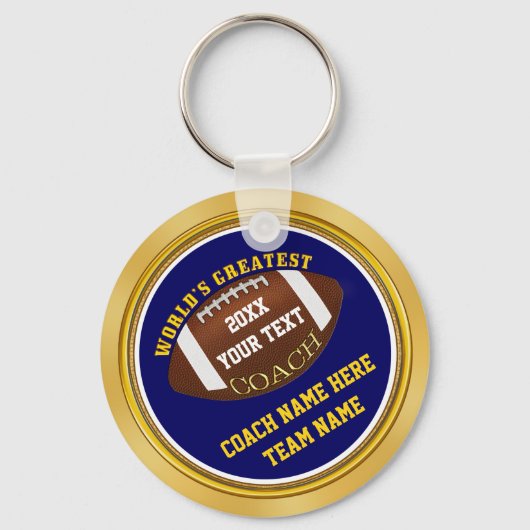 ブルーと金ゴールドサッカーコーチギフトとテキスト キーホルダー (正面)