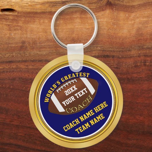 ブルーと金ゴールドサッカーコーチギフトとテキスト キーホルダー (正面)