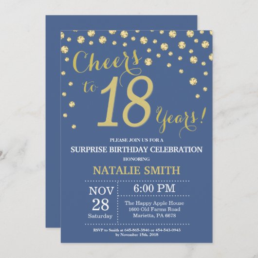 ブルーと金ゴールドサプライズ18誕生日ダイヤモンド 招待状 (正面/裏面)
