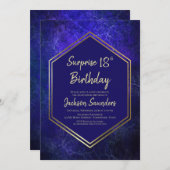 ブルーと金ゴールドサプライズ18thバースデーパーティー 招待状 (正面/裏面)