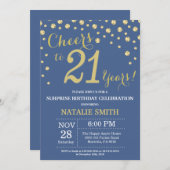 ブルーと金ゴールドサプライズ21歳の誕生日ダイヤモンド 招待状 (正面/裏面)