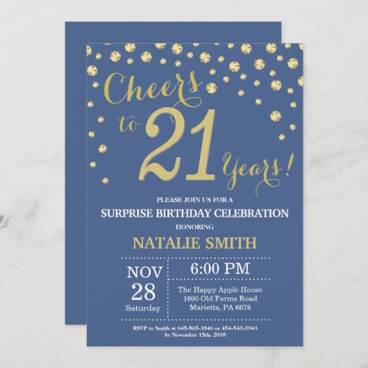 ブルーと金ゴールドサプライズ21歳の誕生日ダイヤモンド 招待状 (正面/裏面)