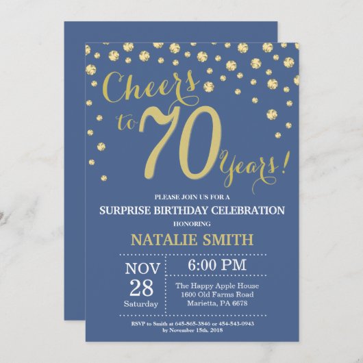 ブルーと金ゴールドサプライズ70誕生日ダイヤモンド 招待状 (正面/裏面)