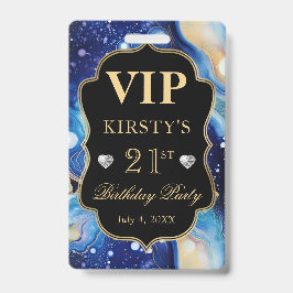 ブルーと金ゴールドシナグリッターアゲート誕生日VIP バッジ