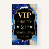 ブルーと金ゴールドシナグリッターアゲート誕生日VIP バッジ (裏面)