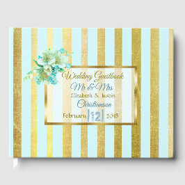 ブルーと金ゴールドストライプのエレガントな結婚式書 ゲストブック
