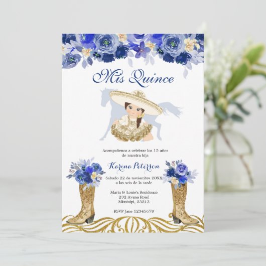 ブルーと金ゴールドスペインのブートチャラキンセアニェラ 招待状 (スタンド正面)