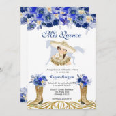 ブルーと金ゴールドスペインのブートチャラキンセアニェラ 招待状 (正面/裏面)