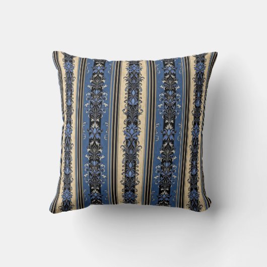 ブルーと金ゴールドダマスクストライプの クッション (裏面)