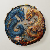 ブルーと金ゴールドドラゴンズの陰陽デザイン ラウンドクッション (裏面)