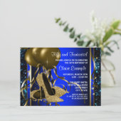 ブルーと金ゴールドハイヒールウーマンバースデーパーティー 招待状 (スタンド正面)