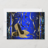 ブルーと金ゴールドハイヒールウーマンバースデーパーティー 招待状 (裏面)