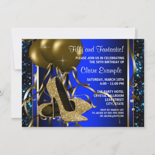 ブルーと金ゴールドハイヒールウーマンバースデーパーティー 招待状 (正面)