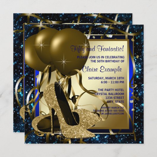 ブルーと金ゴールドハイヒールウーマンバースデーパーティー 招待状 (正面/裏面)