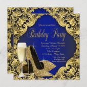 ブルーと金ゴールドハイヒールシャンパンバースデーパーティー 招待状 (正面/裏面)
